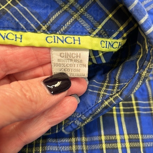 Cinch 100% Cotton‎ Long Sleeve Button Down Shirt Blue/Yellow Plaid EUC Size M - Picture 8 of 8
